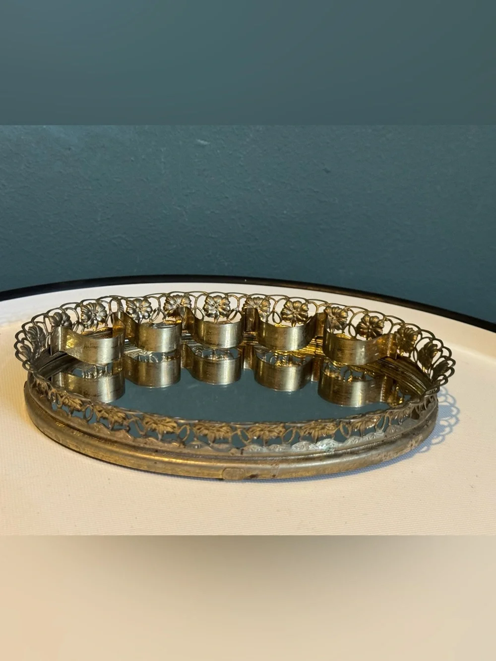 Vintage Metal Vanity Mirror Tray with built-in Lipstick Holder Hollywood Regency
